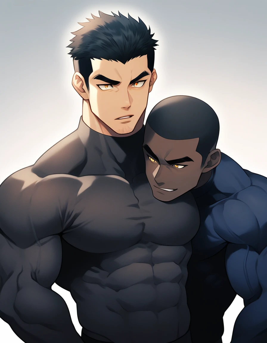 anime characters:Two superheroes in tights, Muscle superhero, negro black skin, They hugged and kissed each other, Bite your neck, Caress, Manliness, male focus, Yellow and black high collar long sleeve tight T-shirt, Slightly transparent material, Matte texture, Matte texture highlights, Very tight, Round, full and perky chest muscles, Muscle waist, Slightly transparent, muscular male, muscular, only, Upper body, alone, Black short hair, Thick eyebrows, stubble, Yellow eyes, Grey background, simple background, amazing quality, best aesthetics, Ridiculous, bright pupils, crew cut, parted lips, seductive smile, torogao, naughty face, drop shadow, best quality