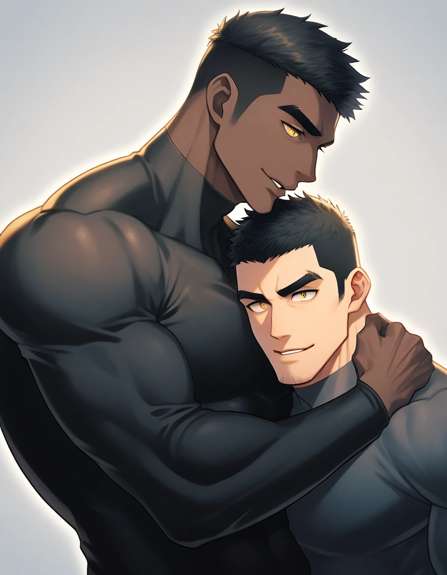anime characters：Two superheroes in tights, Muscle superhero, negro black skin, They hugged and kissed each other, Bite your neck, Caress, Manliness, male focus, Yellow and black high collar long sleeve tight T-shirt, Slightly transparent material, Matte texture, Matte texture highlights, Very tight, Round, full and perky chest muscles, Muscle waist, Slightly transparent, muscular male, muscular, only, Upper body, alone, Black short hair, Thick eyebrows, stubble, Yellow eyes, Grey background, simple background, amazing quality, best aesthetics, Ridiculous, bright pupils, crew cut, parted lips, seductive smile, torogao, naughty face, drop shadow, best quality