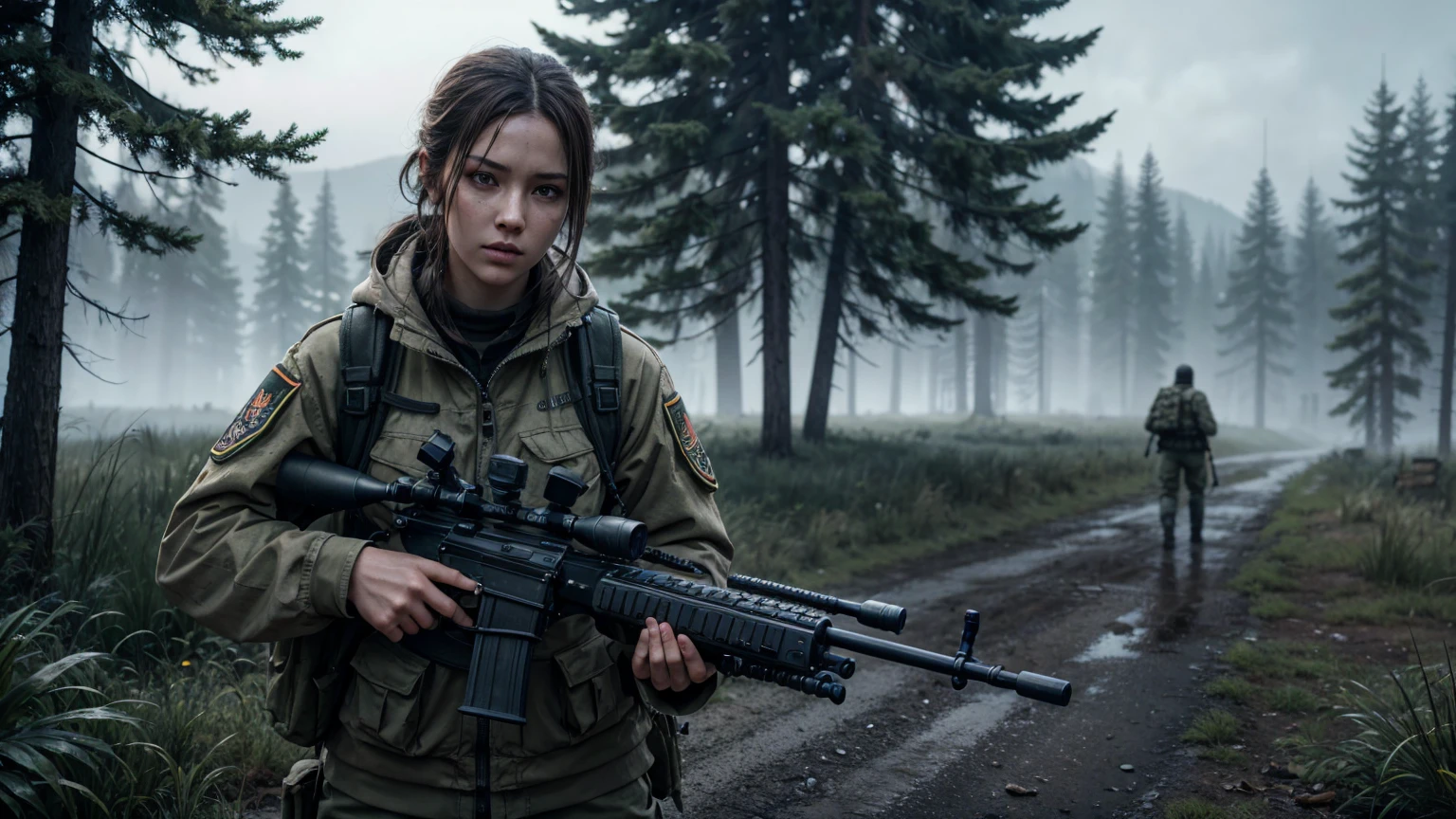 create an image of the game dayz and a character holding a sniper rifle and vivid, strong colors in high definition 8k cinema
