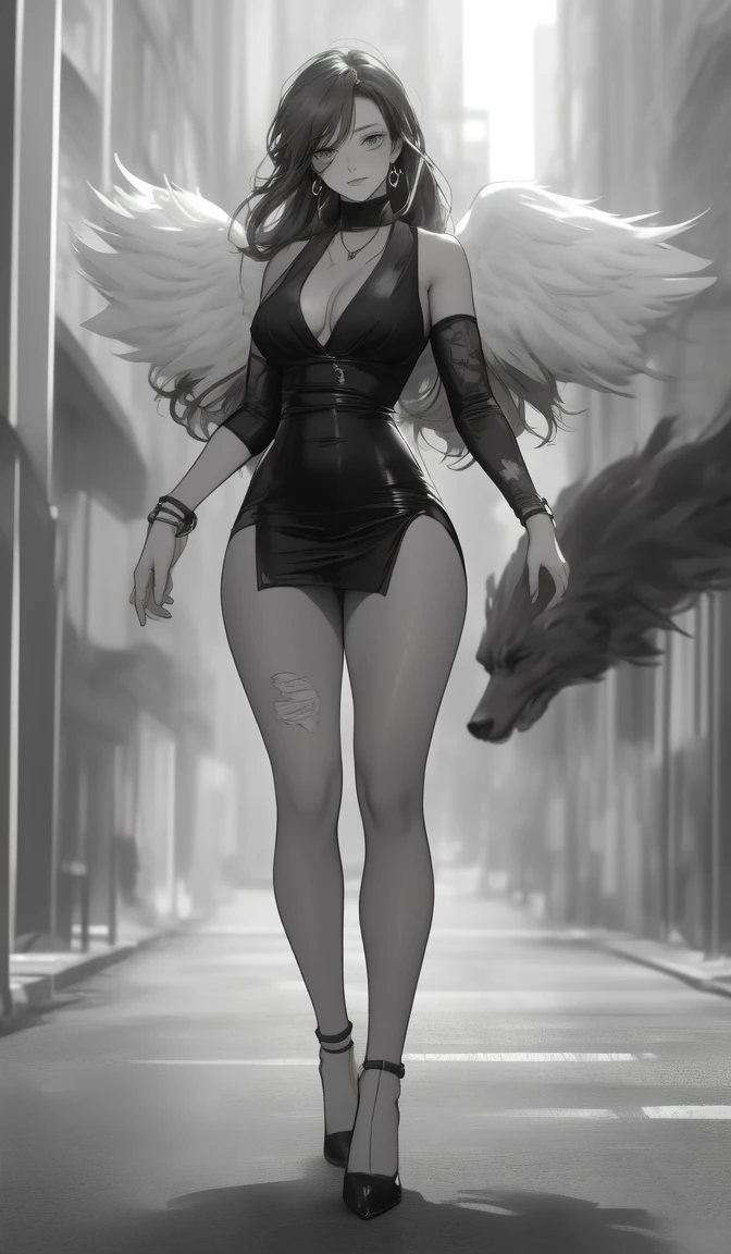 photo realism anime style Yusuke murata art with a big wolf at his side Goddess phoenix girl chunli + Sakura with angel wings and perky breasts with wavy cropped hair v-cut dress v-cut ripped jeans wearing high heels walking on a dark dark street scared style photo realism, fully detailed drawing in black and monochrome bench and only the eyes in strong red 
