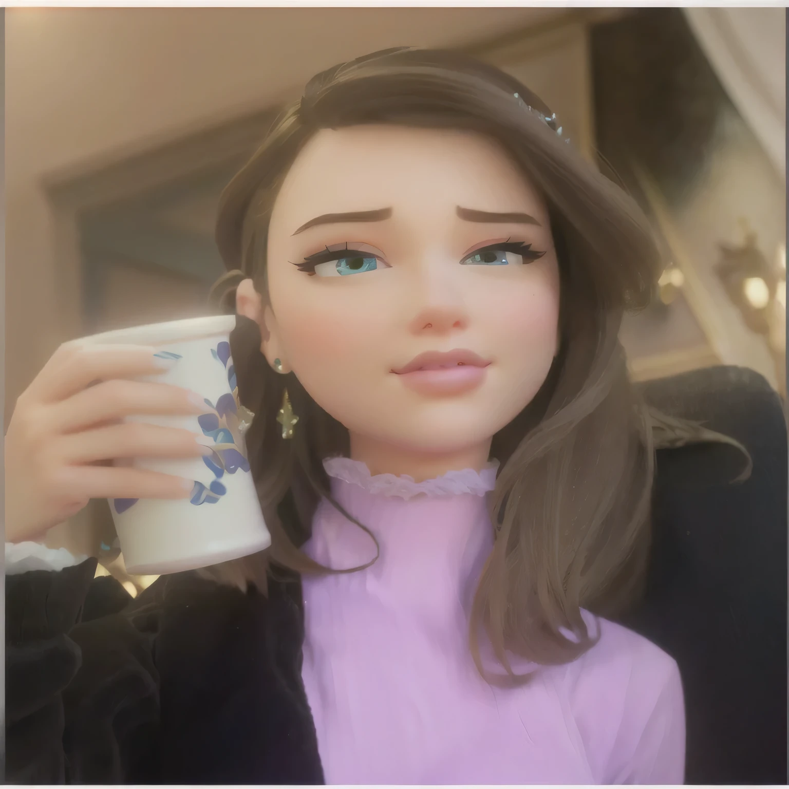 a disney princess holding a cup of coffee,1girl,beautiful detailed eyes,beautiful detailed lips,extremely detailed face and portrait,long eyelashes,elegant dress,intricate details,(best quality,4k,8k,highres,masterpiece:1.2),ultra-detailed,(realistic,photorealistic,photo-realistic:1.37),vibrant colors,warm lighting,soft focus,cinematic composition,disney style,pixar-like,photorealistic