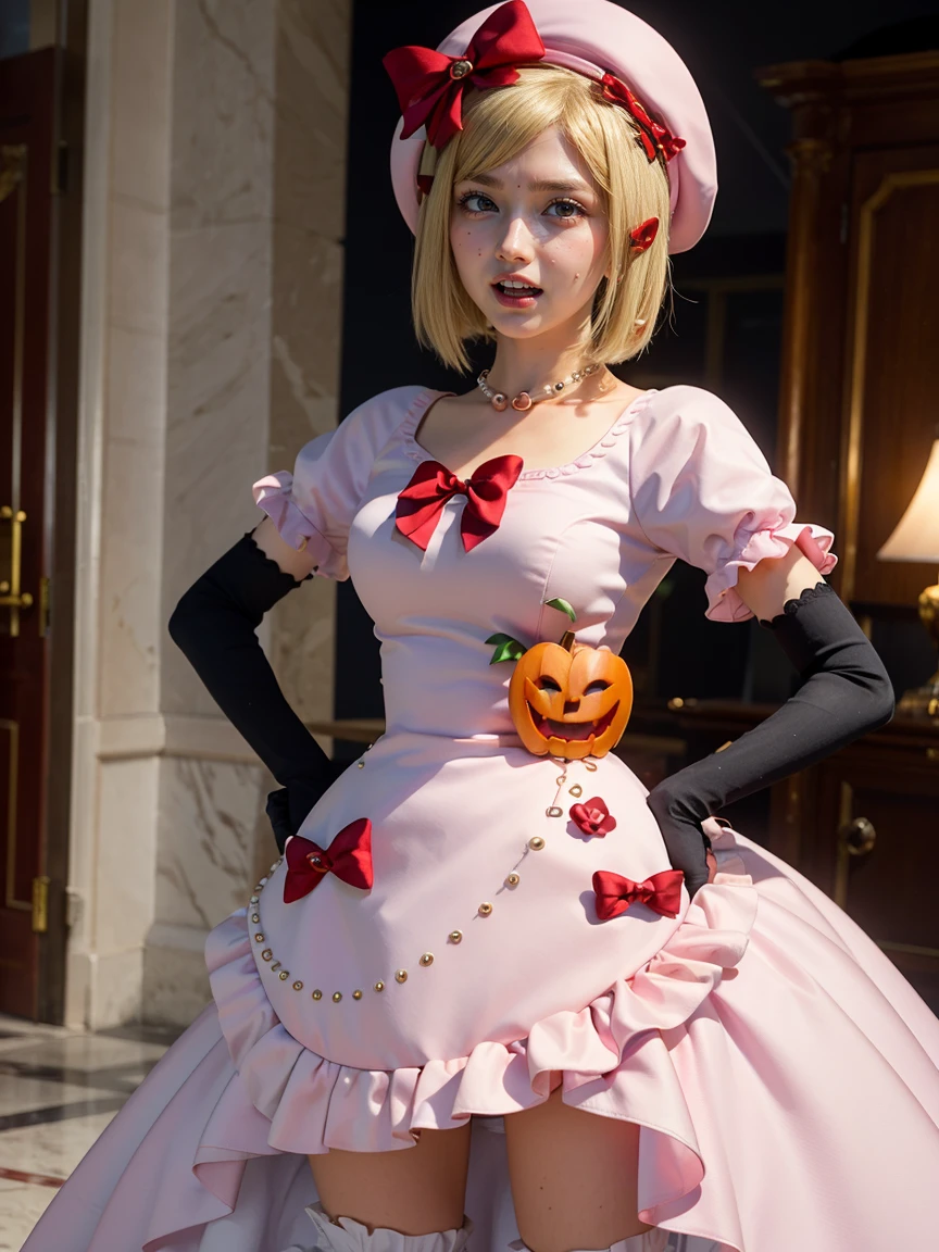 (1 lady), The beautiful, (Best quality at best:1.4), (ultra - detailed), (extremely detailed CG unified 16k), gold blonde hair, very detailed, High-definition RAW color photo, professional photoshooting, amazing face and scarlet red eyes, cosmetics, (amazingly beautiful girl), ((lambdadelta, tall adult woman, taller)), ((dress, red bow, pink hat, necklace, gloves, pearl, pink dress)), standing, realistic cinematic face, photo portrait, upper body (shoulders to head), photorealistic, ((realistic natural blonde hair style, scarlet red eyes)), gorgeous, extremely beautiful face, perfect model beauty, pout mouth, flirting smile, cleavages, city girl, western, (masterpiece), best quality, high resolution, extremely detailed, blurred background, depth of field, cinematic lighting, clear and well-cared skin, jack-o'-lantern on dress, standing outside in North Korea,