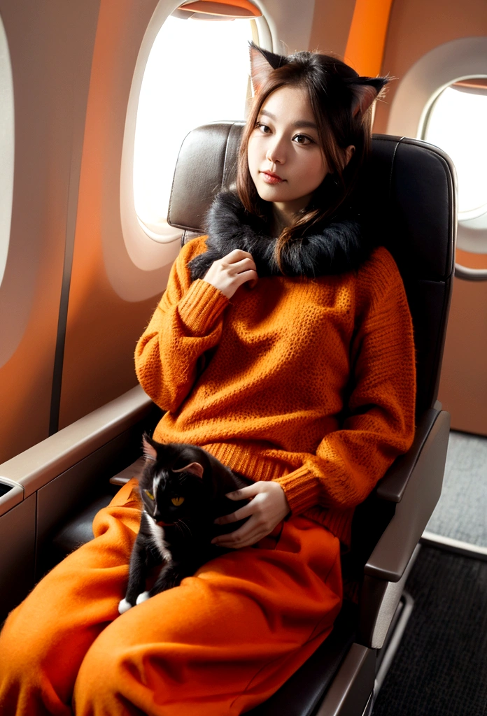 Cat fur wearing orange sweater black trousers,Traveling alone by plane