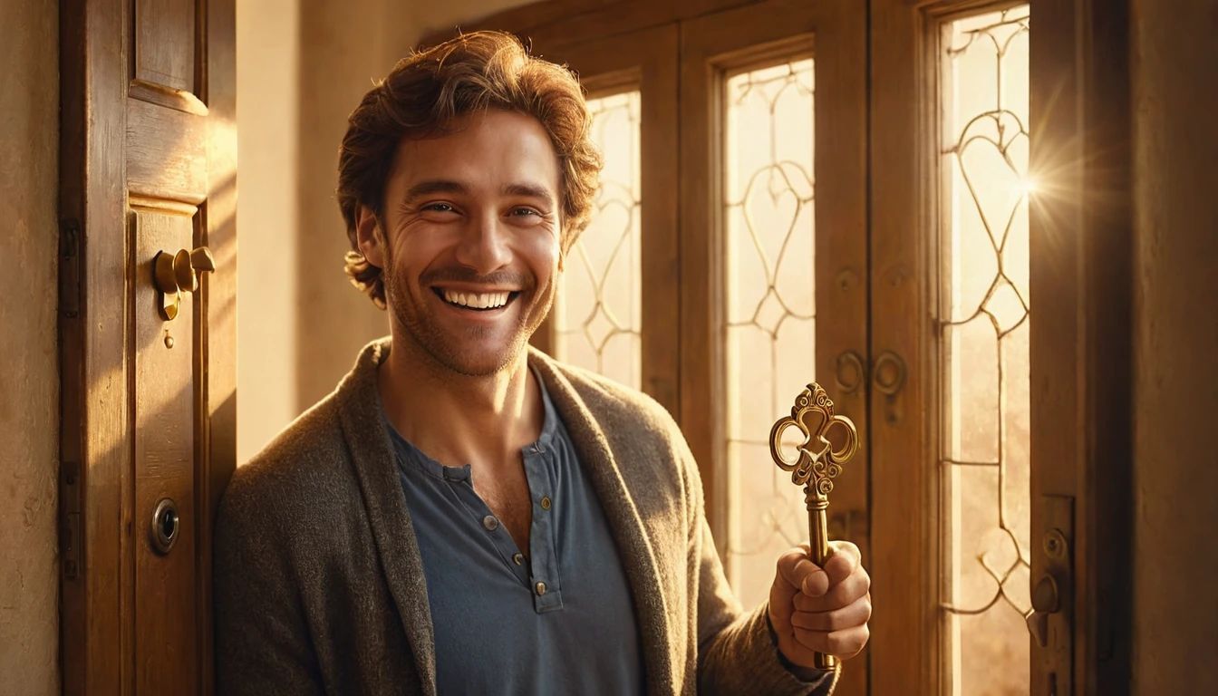 A serenely joyful man gazes directly at the viewer, his face illuminated by a warm, genuine smile. In his outstretched hand, he holds a dazzling golden key, symbolizing opportunity and wonder. Behind him, an open door bathed in a radiant golden light beckons. This scene is captured in a highly realistic and cinematic style, with incredible detail that is visually striking even in 8K resolution. The composition skillfully balances elements of hope and possibility, encapsulating a moment of joy and promise.