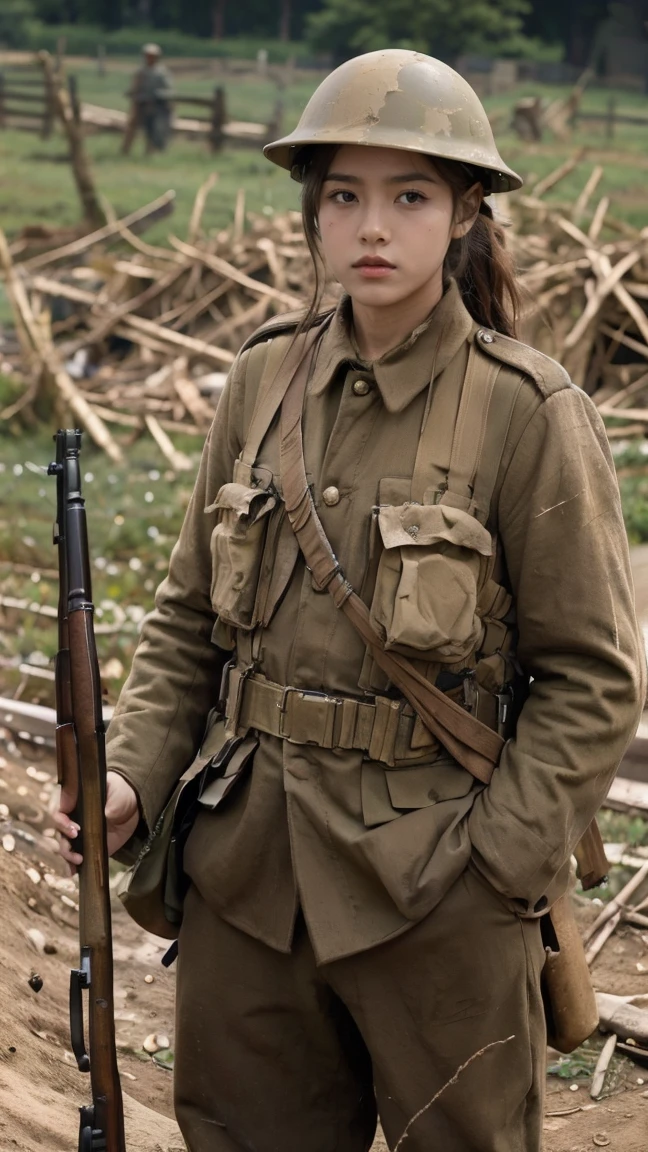 (masterpiece), best quality, expressive eyes, perfect face, All quiet on western Front, man, trenches, dirty, uniform, realistic, HD, Rifle