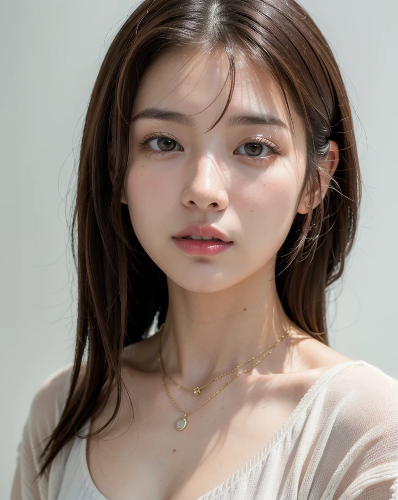 (Highly realistic photos, High resolution, Detailed face, Fine grain), ((Photographed in front of a white wall))、Japanese women, 20-year-old, A variety of expressions, alone:1, Slim figure, Various hairstyles, Casual clothing, 写真の中でalone、Selfie、Photographed in natural light、Simple Necklace、Spring Clothes、Looking at the camera、profile、Dark brown hair color