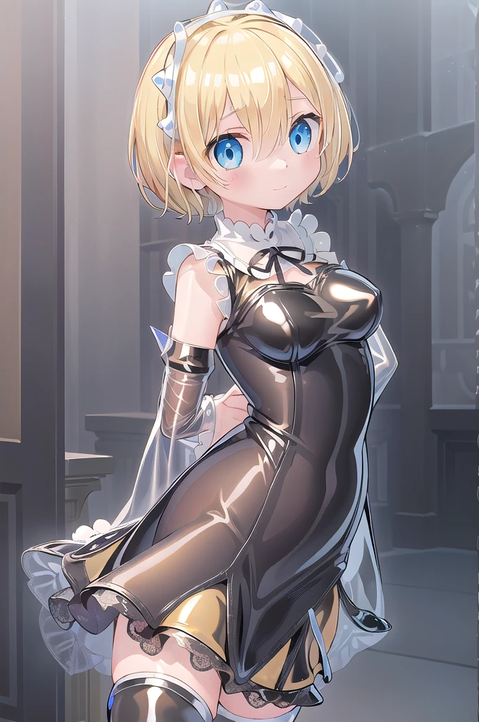 1girl,solo,cowboy shot,(standard height),standing,(blonde hair:1.6),(short hair:1.4),x hair ornament,hair ribbon, hair over one eye,(blue eyes:1.2)(beautiful fingers:1.2),(perfect anatomy:1.6),(arms_behind_back:1.6),(cold_shoulder:1.2),BREAK,(yellow leather lace glossy silk lamé dress:1.6),(shiny_clothes:1.6),(yellow thigh boots:1.4),medium breasts,(masterpiece),best quality,(Ultra high definition eyes:1.2),8k,(Beautiful detailed eyes:1.2),(Fine and beautiful eyes:1.2),(pretty eyes:1.2),finely detail,extremely CG, absurdres,high resolution,illustration,Detailed and beautiful outlines,finely detail,high resolution,(colorful refraction:1.4,Increase saturation:1.2),beautiful lighting,dynamic lighting,closed room,black background,simple background, smile,looking at viewer,aarem, maid headdress, neck ribbon, cleavage,(white Clear PVC sheets sleeves:1.6),(sheer sleeves:1.6),(see-through sleeves:1.6),(wide sleeves:1.4)