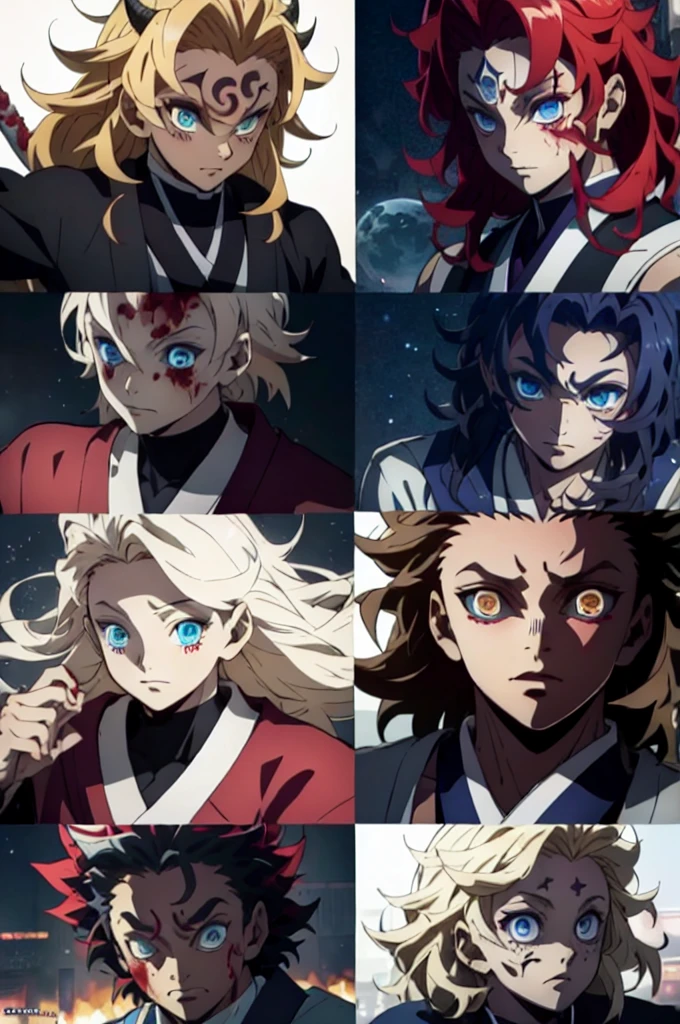 Realistic, (masterpiece, top quality, best quality, official art), very detailed, most detailed, long golden blonde hair, (glowing blue eyes), deepe blue iris eyes, white skin tone, like a vampire, mysterious, (magic), sexy man, demon, blood, oni, Kimetsu no Yaiba, eyes with upper moon number, anime Demon Slayer, japonese, red kimono, evil expression, blood power