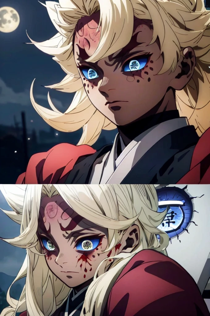 Realistic, (masterpiece, top quality, best quality, official art), very detailed, most detailed, long golden blonde hair, (glowing blue eyes), deepe blue iris eyes, white skin tone, like a vampire, mysterious, (magic), sexy man, demon, blood, oni, Kimetsu no Yaiba, eyes with upper moon number, anime Demon Slayer, japonese, red kimono, evil expression, blood power