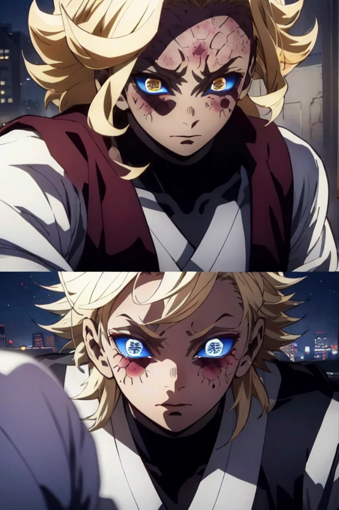 Realistic, (masterpiece, top quality, best quality, official art), very detailed, most detailed, long golden blonde hair, (glowing blue eyes), deepe blue iris eyes, white skin tone, like a vampire, mysterious, (magic), sexy man, demon, blood, oni, Kimetsu no Yaiba, eyes with upper moon number, anime Demon Slayer, japonese, red kimono, evil expression, blood power