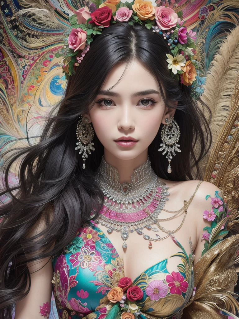 (masterpiece, top quality, Best quality, official art, beautiful and aesthetically pleasing:1.2), (1 girl:1.3), extremely detailed,(fractal art:1.1),(Colorful:1.1)(flowers:1.3),as detailed as possible, (zentangle:1.2), very beautiful slender young woman 25-30 years old, dynamic pose, The whole body is in full growth, (abstract background:1.5), (shiny skin), (many colors:1.4), ,(earrings), (feathers:1.2),