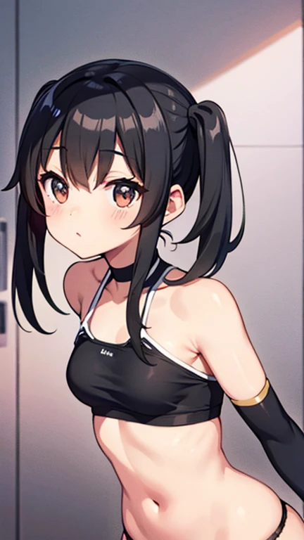 ((masterpiece, highest quality, High resolution, Hmm, Pixel perfect, Depth of written boundary, 4k, RTX, HDR))), 1 Girl, single, alone, Beautiful Anime Girls, Beautiful art style, Sunburned skin, anime character,,(Black hair,Under twin tail:1.5), Medium breast, (Dynamic Angle, Dynamic pose:1.4, Watching the audience), Perfect body ,(Black Tube Top), mini skirt, smile, Sunburned skin,