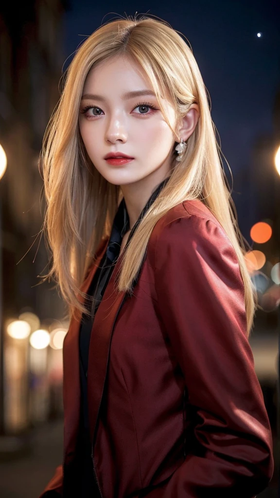 masterpiece, Highest quality, (Focus Only), (Perfect Face:1.1), (High detail:1.1), (Ultra-detailed eyes), dramatic, 1 person, (Pale skin), Long blonde hair, (Red Iris), Focus on the individual, vampire, Long Hair, moon, night, Red luxury suit, Pouting, city, Detailed Background, Art by artgerm, Cinema Lighting, Red Rose, fashion、Photograph the whole body