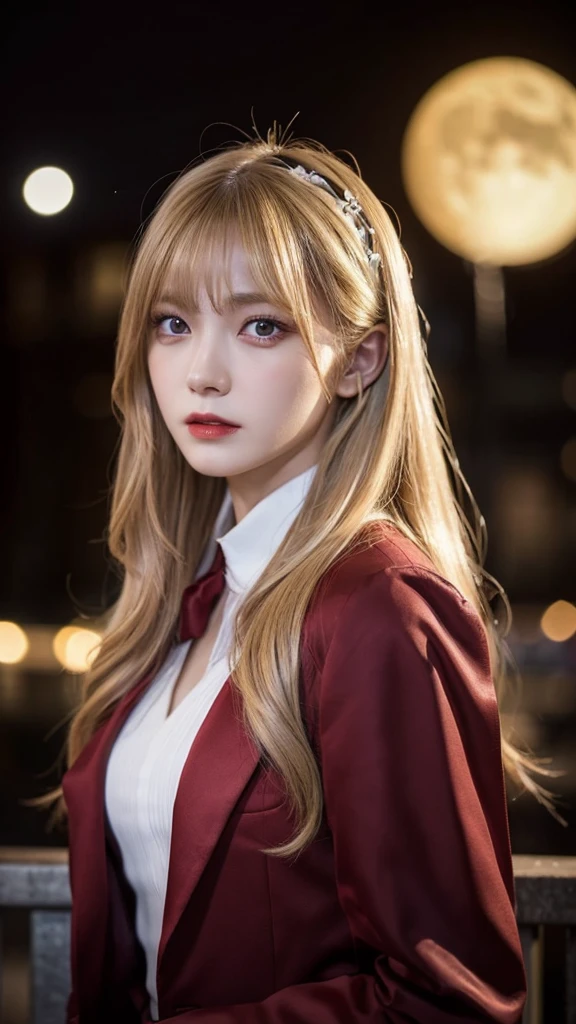masterpiece, Highest quality, (Focus Only), (Perfect Face:1.1), (High detail:1.1), (Ultra-detailed eyes), dramatic, 1 person, (Pale skin), Long blonde hair, (Red Iris), Focus on the individual, vampire, Long Hair, moon, night, Red luxury suit, Pouting, city, Detailed Background, Art by artgerm, Cinema Lighting, Red Rose, fashion、Photograph the whole body