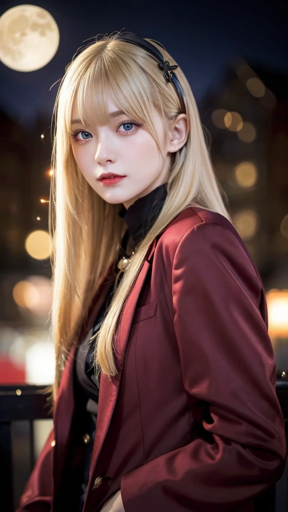 masterpiece, Highest quality, (Focus Only), (Perfect Face:1.1), (High detail:1.1), (Ultra-detailed eyes), dramatic, 1 person, (Pale skin), Long blonde hair, (Red Iris), Focus on the individual, vampire, Long Hair, moon, night, Red luxury suit, Pouting, city, Detailed Background, Art by artgerm, Cinema Lighting, Red Rose, fashion、Photograph the whole body