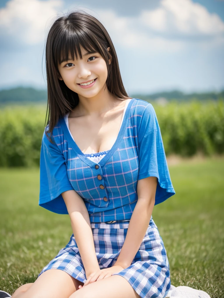 Young Girl,summer,Tank top,overalls,Cleavage,whole body,Photo album,smile,Casually sexy,Shortcuts,Tanuki face