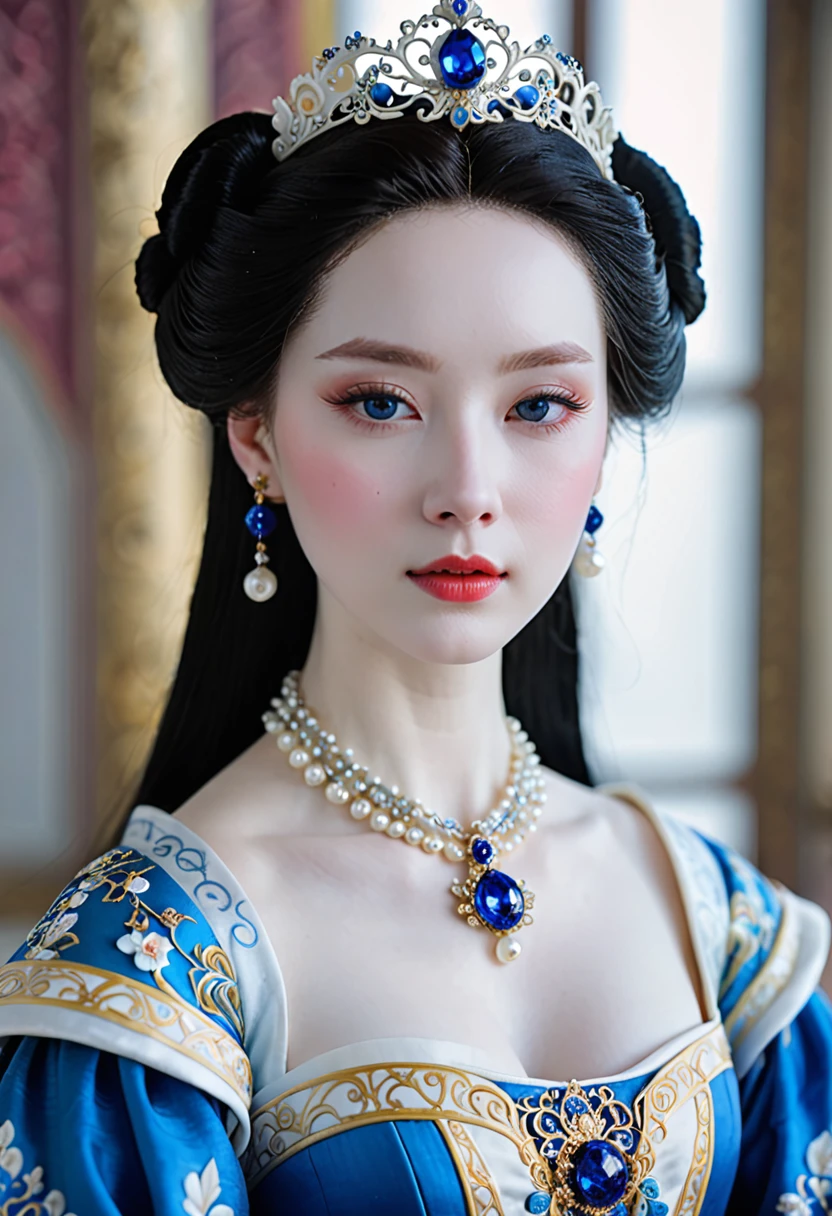 a close up of a woman wearing a blue dress and a necklace, rococo queen, pale porcelain white skin, porcelain pale skin, a beautiful fantasy empress, pale snow white skin, porcelain white skin, palace , a girl in hanfu, ((a beautiful fantasy empress)), ball jointed doll, pale milky white porcelain skin, # rococo