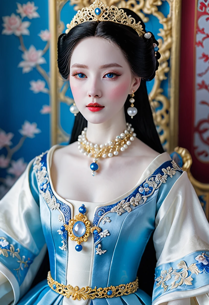 a close up of a woman wearing a blue dress and a necklace, rococo queen, pale porcelain white skin, porcelain pale skin, a beautiful fantasy empress, pale snow white skin, porcelain white skin, palace , a girl in hanfu, ((a beautiful fantasy empress)), ball jointed doll, pale milky white porcelain skin, # rococo
