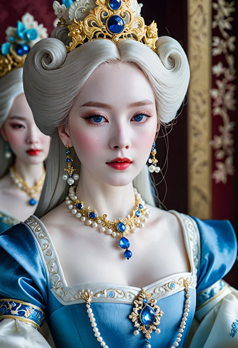 a close up of a woman wearing a blue dress and a necklace, rococo queen, pale porcelain white skin, porcelain pale skin, a beautiful fantasy empress, pale snow white skin, porcelain white skin, palace , a girl in hanfu, ((a beautiful fantasy empress)), ball jointed doll, pale milky white porcelain skin, # rococo