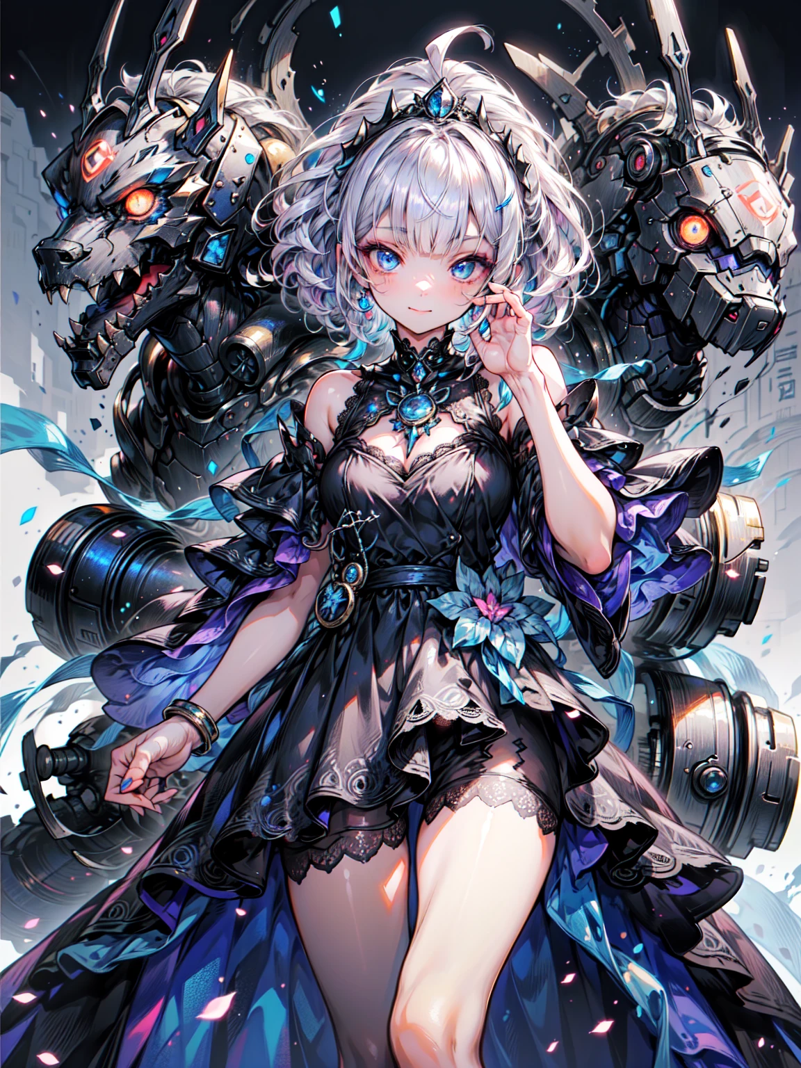 エレガントな紫のLong Hairと銀色のグラデーションの尾,Purple eyes,Purple loose dress,Star Goddess,Gorgeous amethyst tiara，It has small silver wings on its back...，background shines，小さなsmile，Purple silver fairy dance long skirt，A black cat with Purple eyes on the hand，fairy dance，恥ずかしそうなsmileの髪型、Organic Armor Cyborg、Machine Armor、 Cowboy Shot、break、Big Breasts（Dark Elf), (1 Girl), alone, Perfect Face, Get used to it, Ahoge, ((Long Hair:1.2)),[[Messy Hair]], Shiny blonde white hair, Purple eyes, Variegated eyes, Colorful Hair, Shining Eyes, (eyelash, eye shadow, pink eye shadow), bright, smile, Design Art：Haruhiko Mikimoto, by Kawashi, By Yoshitaka Amano