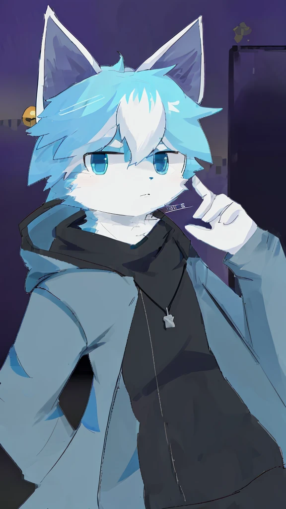 Anime male furry, light blue and white fur, blue hair with white accents, cat style, kemono style, 2D anime style wearing blue sweatshirt and black sneakers with white line pattern, wearing a light blue hoodie over a black shirt, with a small square pendant necklace, Single character full body, 2 d style, full body adoptable, full body single character, 2d anime, full body portrait of a short!, full body character, anime style character, Anime boy.