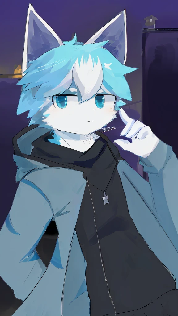 Anime male furry, light blue and white fur, blue hair with white accents, cat style, kemono style, 2D anime style wearing blue sweatshirt and black sneakers with white line pattern, wearing a light blue hoodie over a black shirt, with a small square pendant necklace, Single character full body, 2 d style, full body adoptable, full body single character, 2d anime, full body portrait of a short!, full body character, anime style character, Anime boy.