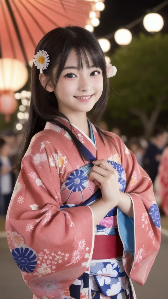 (Highest quality, masterpiece, Ultra-high resolution, (Realistic:1.4), RAW Photos, Depth of written boundary, Professional Lighting, Perfect Anatomy, Very detailed), One girl, , The most famous Japanese idols, View your viewers, An innocent smile, ((Enjoying traditional Japanese festivals, Wearing a cutely designed yukata, )), Dynamic pose, (Very cute face like the most popular Japanese idol, ((Very cute、The eyes are big too)), Very realistic hair, Very beautiful、Highly realistic skins),, Very cute lips,Fireworks display