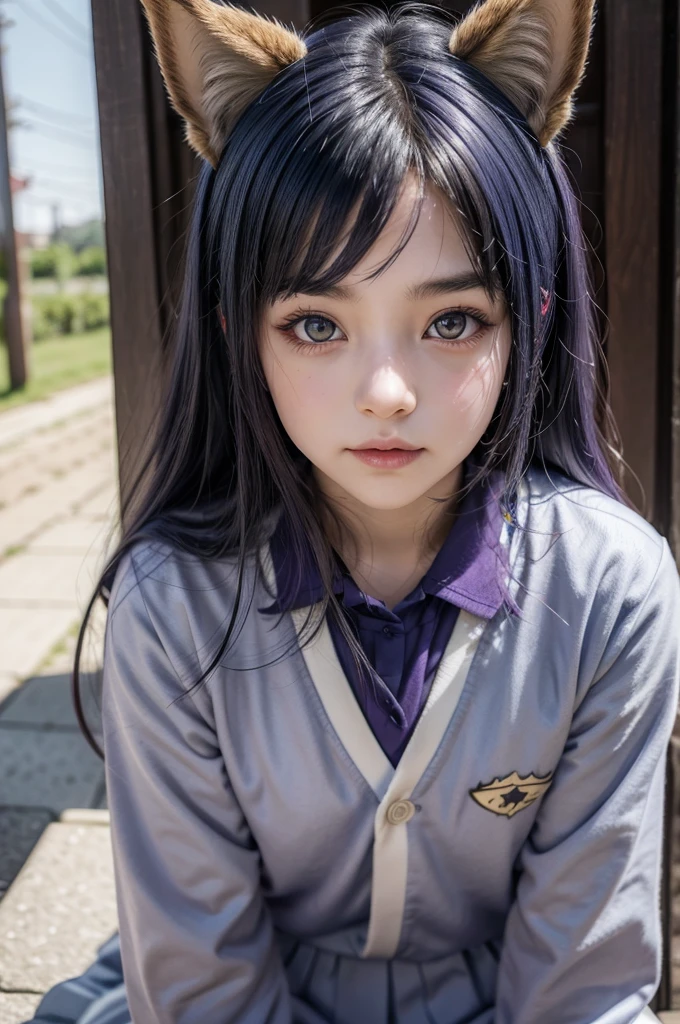 Female kitsune, long dark blue hair, purple eyes, fox ears downcast, playful look, portrait, school clothes, Anime
