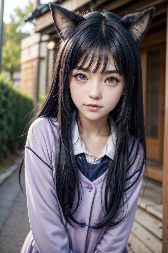 Female kitsune, long dark blue hair, purple eyes, fox ears downcast, playful look, portrait, school clothes, Anime