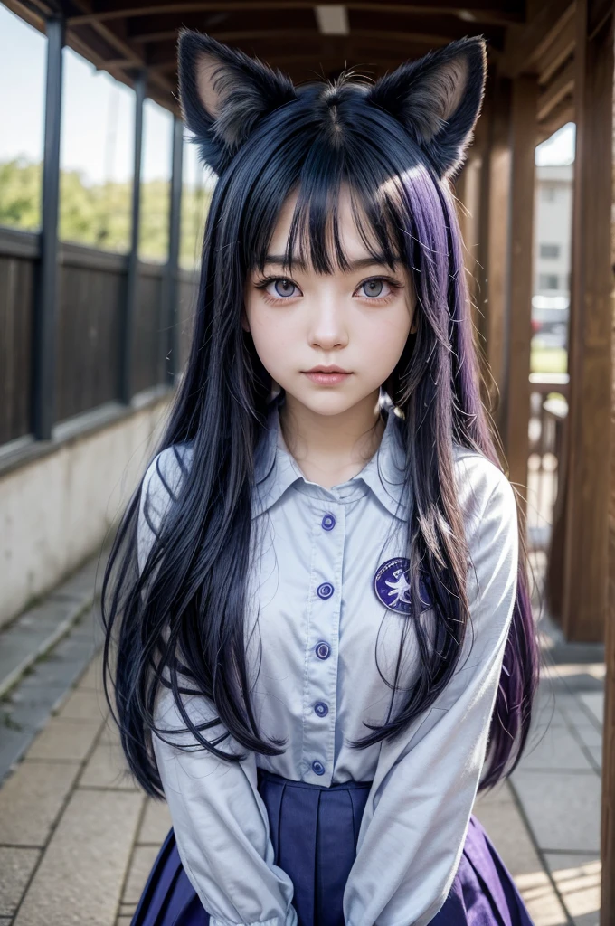 Female kitsune, long dark blue hair, purple eyes, fox ears downcast, playful look, portrait, school clothes, Anime