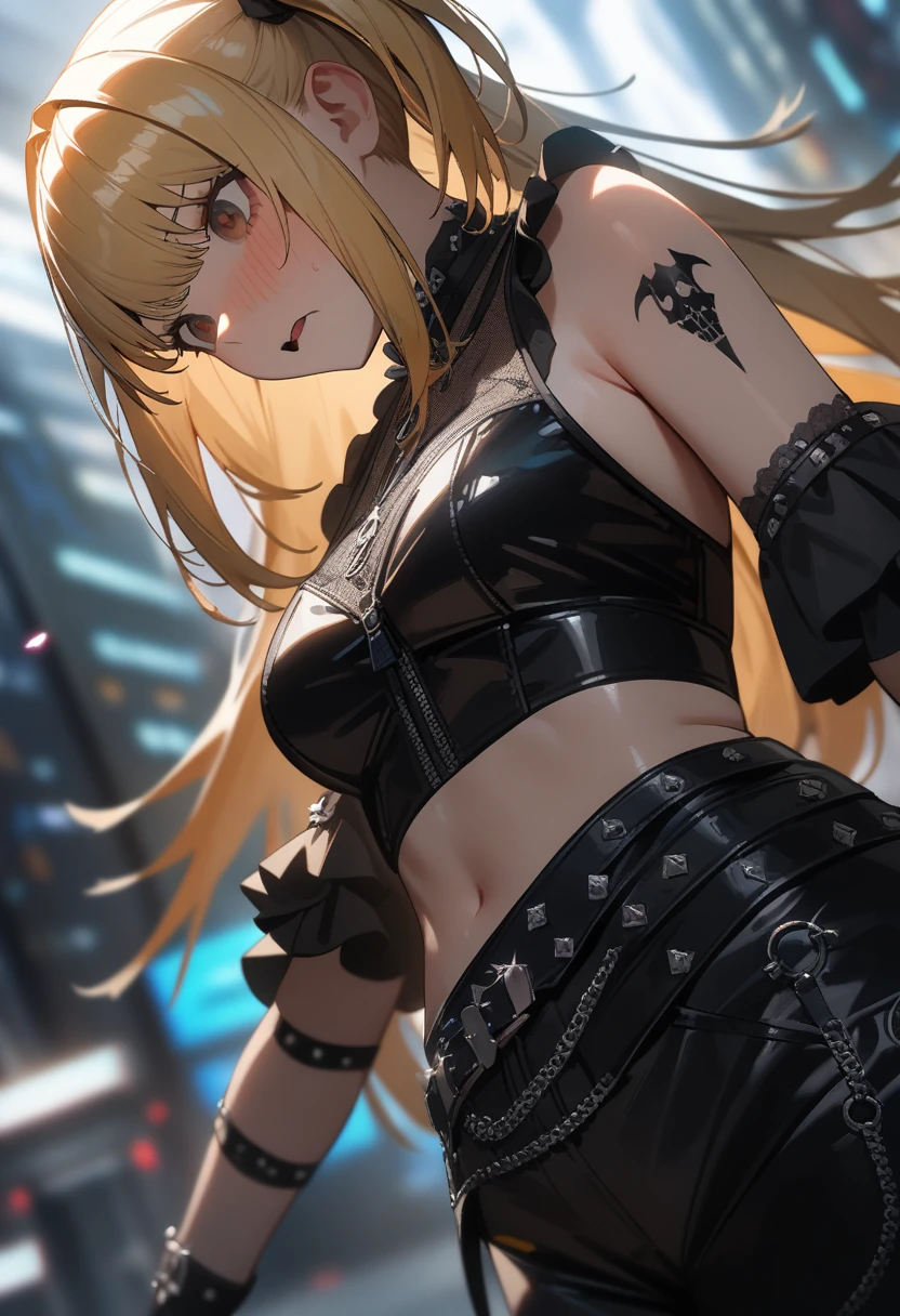 top-quality、Top image quality、masterpiece、girl with((cute little、18year old、Best Bust、Medium bust、Bust 85,Red eyes to issue、Breasts wide open,Valley、Blonde long hair、A slender、Black leather bra、Black leather jacket、White trousers、astonished face、Follow your audience)hiquality、Beautiful Art、Background with((nightcity、The ground glows red、Splitting ground、Chain from the ground)),masutepiece、Elaborate design、visualart、depth of fields、The best lighting、highestdetailed、
