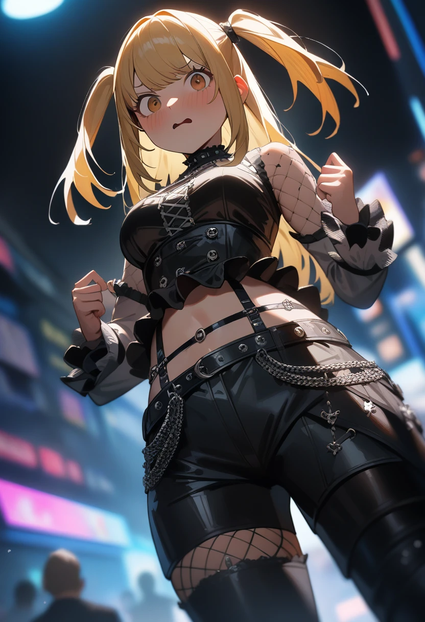 1girl,solo,amane misa, death note,super detailed skin,shiny skin,embarrassed,blonde hair,sidelocks,short twintails,long hair,medium breasts,Punk ta,cyberpunk loliothic short pants,2D,anime,dynamic angle,masterpiece,best quality,ultra detailed,high resolution,sharp focus,depth of field,