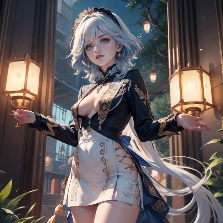 1girl, white roses, ornament hair, white roses on her hair, perfectly body, perfectly hands, white hair, blue hair, wave hair, long hair, ornament hair, long hair, garden scenery, night, shrine, chinese lantern, Looking at the viewer, flowing hair, Beautiful Eyes, Plump and glossy lips, fireflies in the air, maid, maid dress, maid headdress, maid apron, white dress with too many frills, black dress, blue laces, white Short skirt, Drape clothes, blue gem, Lace trim, gold jewelry, on the garden, outside, more details, best quality, Big sparkling eyes, blushing, white Striped Lace Stockings, blue ta skirt, sparkle, solo, centered girl, chinese temple, cowboy shot, upper body portrait, perfectly body, perfectly hands, fireflies in the air, two arms, two legs, two hands, five fingers, perfect anatomy, glowing hair, white roses, maid, maid dress, dress, solo, flowing hair, floating hair, ornament hair, perfectly body, perfectly hands, on the temple, sparkles, firefly, more details on her clothes, white dress with transparency, golden details on her dress, night, shrine, ((4k, masterpiece, top-quality)), 8k, best quality, high resolution, UHD, (illustration:0.8), super cute girl, delicate and beautiful face, mature girl, super cute hairstyle, (beautiful detailed eyes:1.6), extremely detailed face, perfect lighting, extremely detailed CG, (perfect hands, perfect anatomy), Best quality, cleavage, small skirt, full Body, two arms, two legs, two hands, five fingers