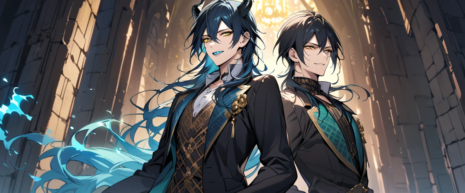 (pieces fly), (highest quality), very detailed, ((two men)), perfect face, beautiful face, very detailed face, (black haired man:1.3)，(blue haired man:1.3)，suit，shirt，smile，flower, (1st boy,Idia Shroud, bishounen, boy, male, extremely long hair, blue hair, blue fire hair, wavy hair, yellow eyes, tired expression, blue lips, handsome, skinny, geeky, blue glow, shark teeth,) (2nd boy, malleus draconia \(twisted wonderland\) horns, bishounen, boy, male, long hair, black hair, yellow green eyes, smile, gray lips, handsome, skinny, tall, yellow green glow,)  Two men are hugging each,