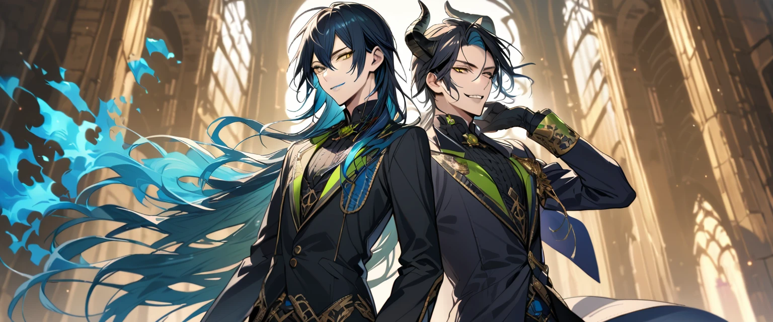 (pieces fly), (highest quality), very detailed, ((two men)), perfect face, beautiful face, very detailed face, (black haired man:1.3)，(blue haired man:1.3)，suit，shirt，smile，flower, (1st boy,Idia Shroud, bishounen, boy, male, extremely long hair, blue hair, blue fire hair, wavy hair, yellow eyes, tired expression, blue lips, handsome, skinny, geeky, blue glow, shark teeth,) (2nd boy, malleus draconia \(twisted wonderland\) horns, bishounen, boy, male, long hair, black hair, yellow green eyes, smile, gray lips, handsome, skinny, tall, yellow green glow,)  Two men are hugging each,