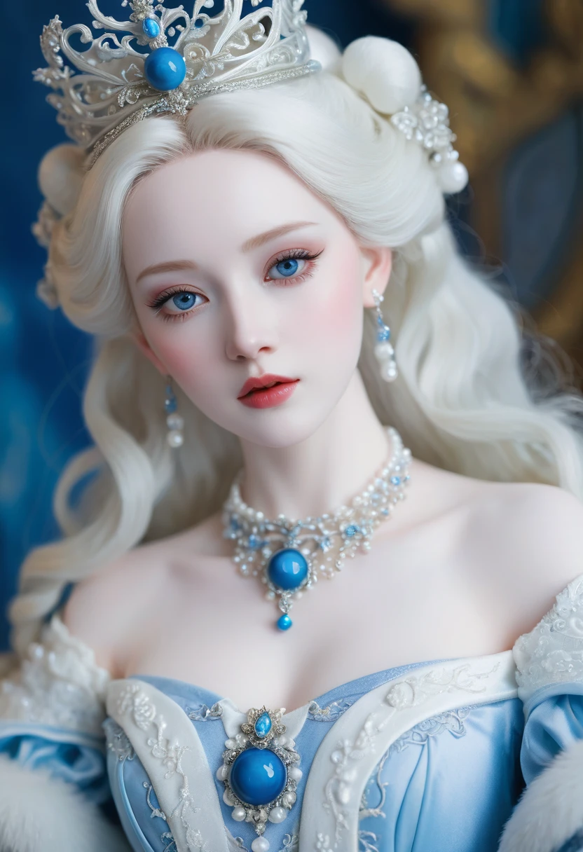 a close up of a woman wearing a blue dress and a necklace, rococo queen, pale porcelain white skin, porcelain pale skin, a beautiful fantasy empress, pale snow white skin, porcelain white skin, palace ， a girl in hanfu, ((a beautiful fantasy empress)), ball jointed doll, pale milky white porcelain skin, # rococo