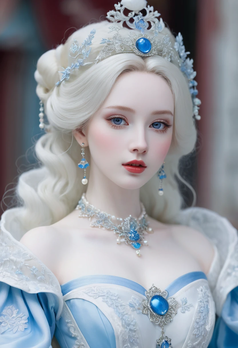 a close up of a woman wearing a blue dress and a necklace, rococo queen, pale porcelain white skin, porcelain pale skin, a beautiful fantasy empress, pale snow white skin, porcelain white skin, palace , a girl in hanfu, ((a beautiful fantasy empress)), ball jointed doll, pale milky white porcelain skin, # rococo
