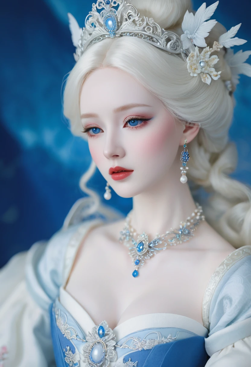 a close up of a woman wearing a blue dress and a necklace, rococo queen, pale porcelain white skin, porcelain pale skin, a beautiful fantasy empress, pale snow white skin, porcelain white skin, palace ， a girl in hanfu, ((a beautiful fantasy empress)), ball jointed doll, pale milky white porcelain skin, # rococo