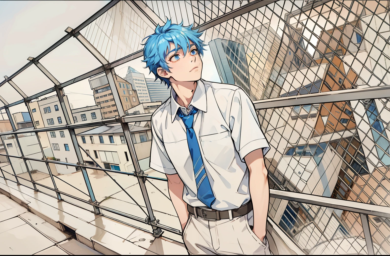 There is a -yeld boith blue hair, blue eyes, on top of a school building, he is thoughtful, somewhat sad, looking at the city.