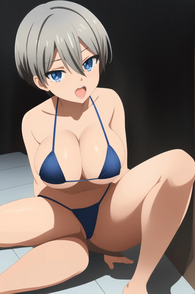 One girl,å®‡å´ŽèŠ±,short hair,blue eyes,bangs,skin tooth,Grey Hair,tooth,Hair between the eyes,Large Breasts, 　Micro Bikini　Spread your legs　Bitch　Inviting ejaculation　Ahegao　Ox handle　Large Breasts　Vulgar breasts