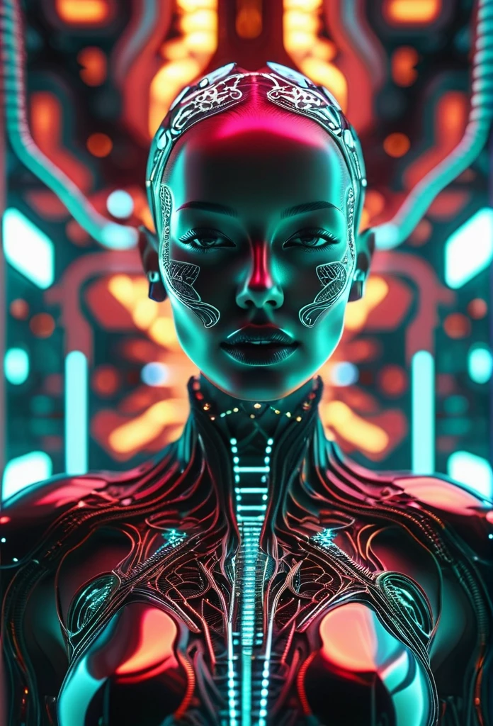 complex 3d render ultra detailed beautiful death angel, biomechanical cyborg, analog 150 mm lens, beautiful natural soft rim light, neon vein, roots, fine foliage lace, colorful details, Boris Bidjan Saberi outfit, pearl earrings, piercing, art nouveau fashion embroidered, intricate details, mesh wire, mandelbrot fractal, facial muscles, cable wires, microchip, badass, hyper realistic, ultra detailed, octane render,  volumetric lighting, 8k post-production, red and white with a bit of black, detailled metalic bones, semi human, iridescent colors, Glenn Brown style, futuristic room, power of the god, high-angle shot, complex body poses