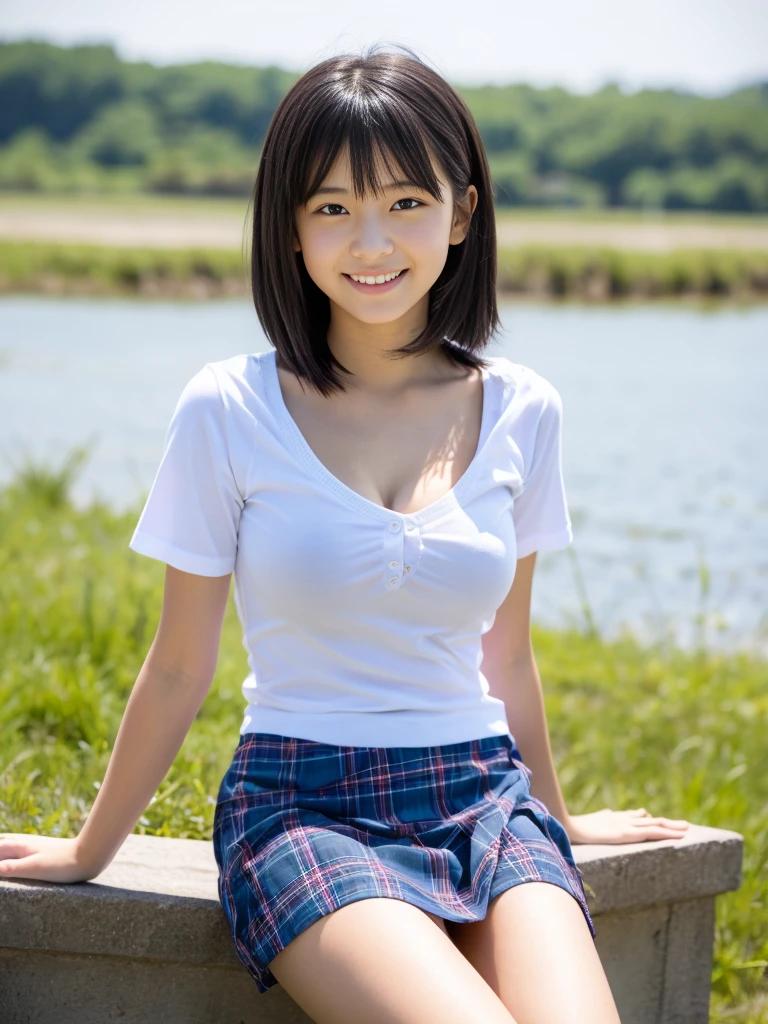 8K,masterpiece,Japanese,-yeld gifrom the front,smile,cute,Innocent face,Innocent,Kind eyes,Childish,Plain T-shirt,Short sleeve,Blue checked short skirt,semi-long,Hair blowing in the wind,Black Hair,Somewhat strong wind,noon,bright,Sitting、M-shaped feet, (Large Breasts:1.2),(Emphasize the chest)