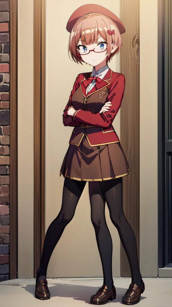 (Highly detailed CG Unity 8k wallpaper), (masterpiece), (Highest quality), (Super detailed), (Best illustrations), (Best Shadow), (Absurd), One girl, alone, Ogata rice, (school uniform, Red jacket:1.2), (Brown Skirt:1.2), (Black leggings:1.2), View your viewers, Pouting, Are standing, Arms crossed, Cowboy Shot、Wearing loafers