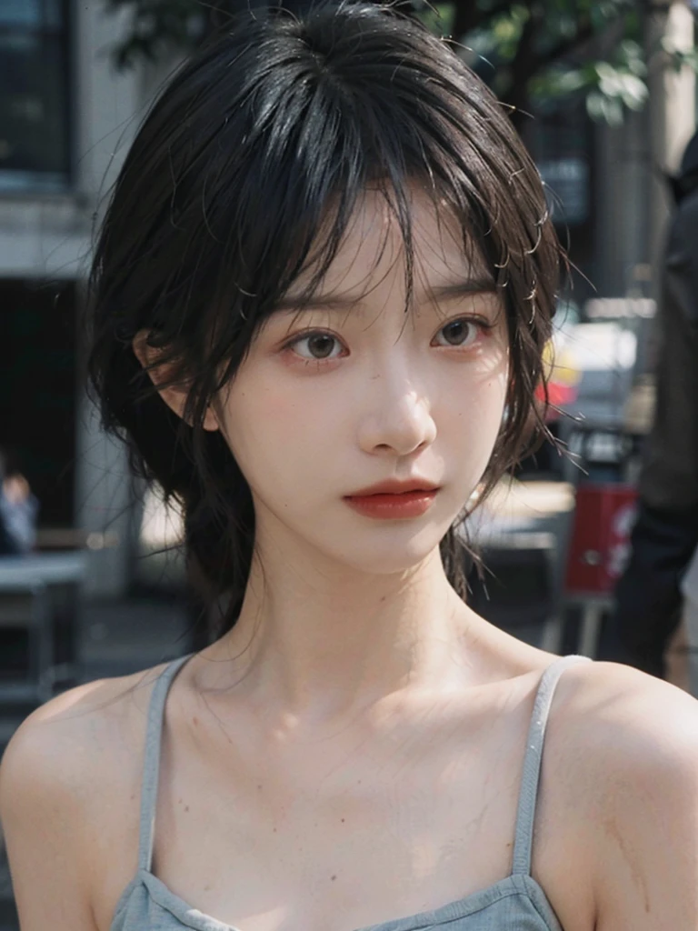 (smooth skin textures:1.3), Lipstick, Upper body，Upper Body，background, earrings, serene, calm, （Dress conservatively：1.6），(Realistic and detailed eyes：1.2）, Natural skin texture, Realistic facial details, Soft dramatic lighting, Vivid details, outdoor, (Photo Practical:1.4), (hyper Practical:1.4), (Practical:1.3),  (Improve lighting quality:0.9), (Highest quality real skin textures:1.4),  (Enhance the beauty of skin texture:1.1), Hair details, model， short hair, Moles under the eyes, Portrait Photography, Depth of Field, Bokeh, Surrealism, Ray Tracing, (Portrait Photography:1.1), Surrealism, High Detail, Chiaroscuro, Ray Tracing, reflected light, Ultra HD, Ultra HD, masterpiece, Textured Skin, Super Detail, High Detail, high quality, best quality