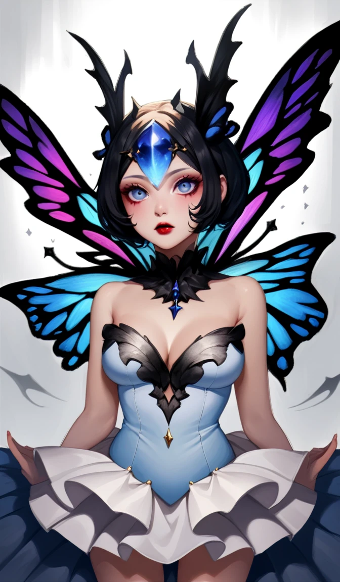 1girl,solo,super detailed skin,shiny skin,expressionless,majestic butterfly wings, monster skin,butterfly skin,glowing eyes,eyelashes,lips gloss,feeler,large breasts,beautifully shaped breasts,vibrant colors ,flying ,masterpiece,best quality,ultra detailed,high resolution,sharp focus,depth of field,