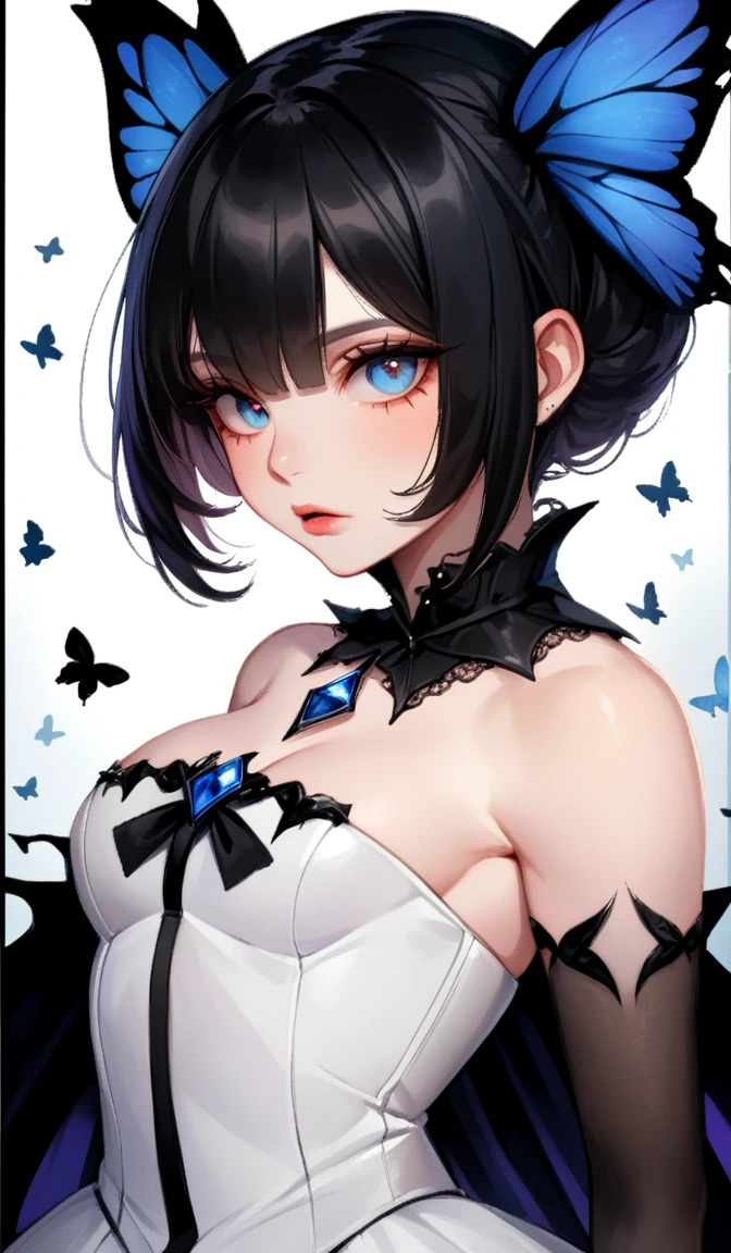 Shinobu Kochou, a woman in a black dress standing in front of a painting, facing sideways, a character portrait, a purple and black dress, kimetsu no yaiba, elegant victorian , close up of anime girl, grinning evily, evil face, sleepy eyes, main character, luxury house, luxury, purplish black hair, wolfcut hairstyle,purple and white butterfly headband behind hair, mafia, , sleepy eyes,(show off nipples:1.6), (exposing bare breasts:1.3), (exposed chest:1.3), (no bra:1.3),(open shirt:1.2),(round face:1.6),(baby face:1.6),small nipples, small areolas,