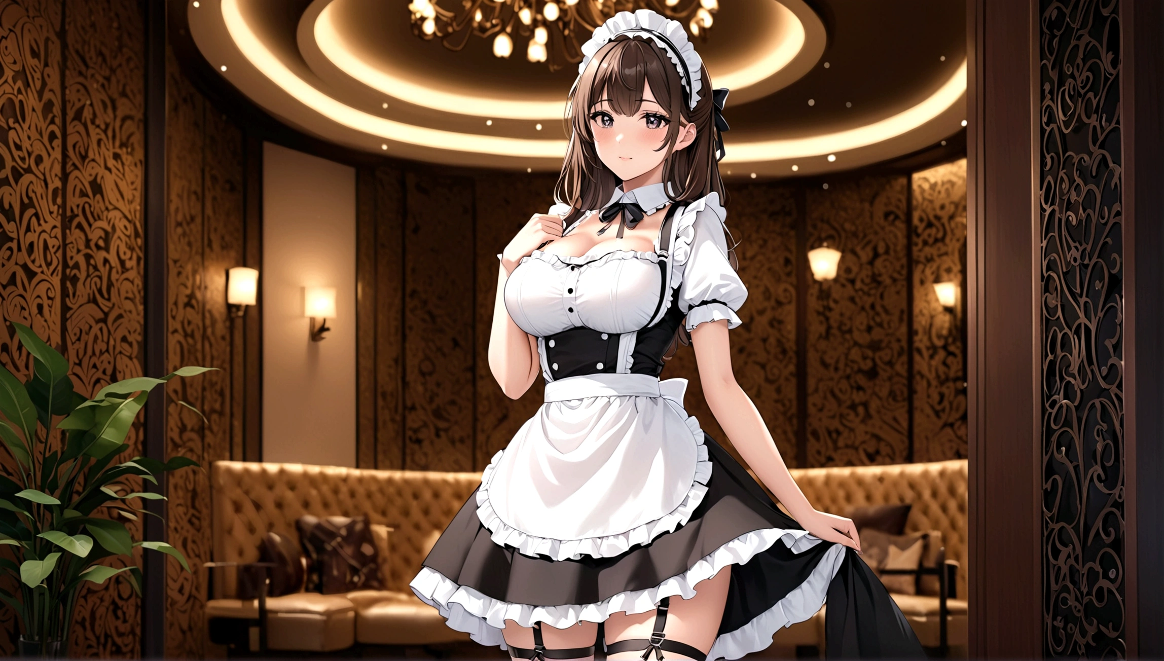 1 solo maid standing, standing in glass wall, BREAK, (thin long legs:1.3), (slim thighs:1.1), (huge perky breasts:1.3), (inconceivably thin waist), BREAK, (frilled too short miniskirt:1.25), (black thighhighs), thigh gap, highheels, pigeon toed, BREAK, smile for viewer, nose blush, (open mouth), heavy breathing, BREAK, skyscrapers in distance, BREAK, full body, masterpiece, nsfw, orgasm, topless