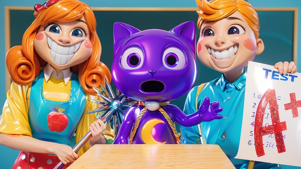3d style, simplified design, 3d render, glossy texture, smooth 3d model, multiple light sources, rim light, sharp post effects render, (glossy plastic texture with multiple big light probe refractions), perfect cgi, smooth silhouette, high intensity refraction, (super glossy material), most beautiful vfx , blue background, plastic refractions, realistic, 4k, high resolution, rim light, photo shoot, commercial photo, profile shot, 4k, rim light, high resolution, 4k, glossy texture, smooth 3d model, multiple light sources, rim light, sharp post effects render, (glossy metallic texture with multiple big light probe refractions), perfect cgi, cgi art created only with gradients, smooth silhouette, high intensity refraction, (super glossy chrome material), most beautiful vfx, blue background, chrome metal refractions, multiple light sources, rim light, sharp post effects render, perfect cgi, digital art, detailed digital art, reflective, best quality, 4k, masterpiece:1.2, ultra-detailed, realistic, vivid colors, dark and moody lighting, The image of the highest quality, ensuring every detail is showcased perfectly. It in 4k resolution, allowing viewers to immerse themselves in the richness of the colors and intricate details. The realistic rendering. under the spotlight, reflecting, high-resolution image, realistic rendering, dark background, and rim light photorealistic The image features three characters standing in front of three houses. The characters are a red-haired mermaid, a purple cat, and an orange dog. They are each holding a yellow maraca