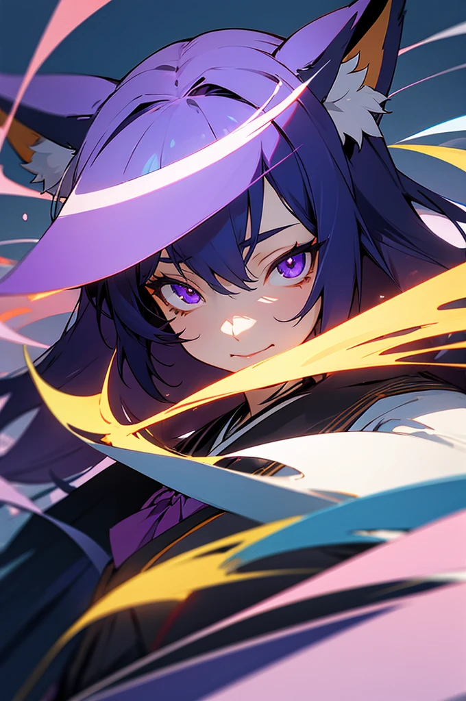 Female kitsune, long dark blue hair, purple eyes, fox ears downcast, playful look, portrait, school clothes