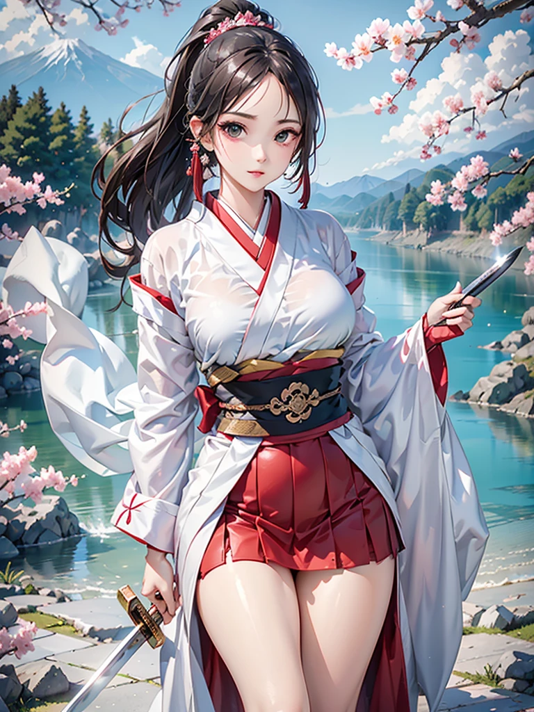  anime,３５Year-old beauty、 alone,Stunning beautiful work of art, maximalist, From artgerm, 8Kanime作品, 8K Photo, Trending on Art Station. Looking at the audience, masterpiece, Highest quality,  Black Hair, ponytail、Dark brown eyes, model, (Perfect Anatomy, Anatomically correct, Highly detailed skin), Beautiful attention to detail, Detailed lips, Provocative pose,Ｄcup, Fantasy, cherry blossoms、White costume、(Japanese sword:1.4), Riverside、Beautiful Landscape, 